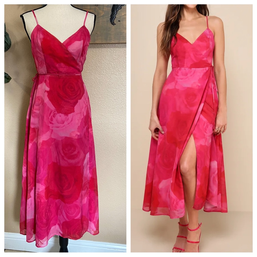 NWOT Lulus Radiant Perfection Hot Pink Floral Print Wrap Midi Dress